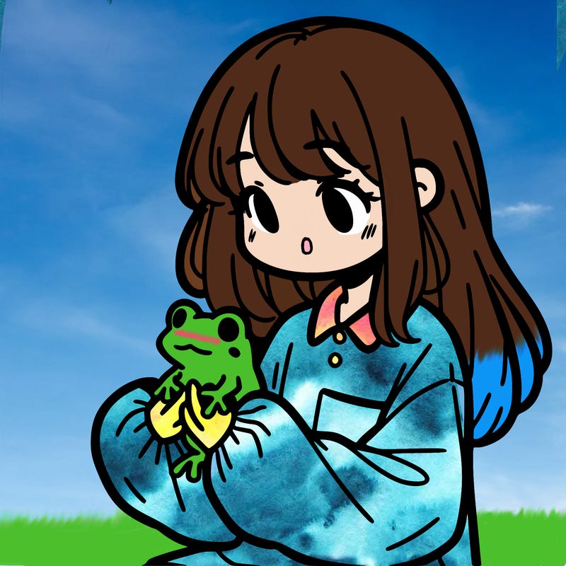 girl with long hair and a oversized shirt. and she is holding a frog