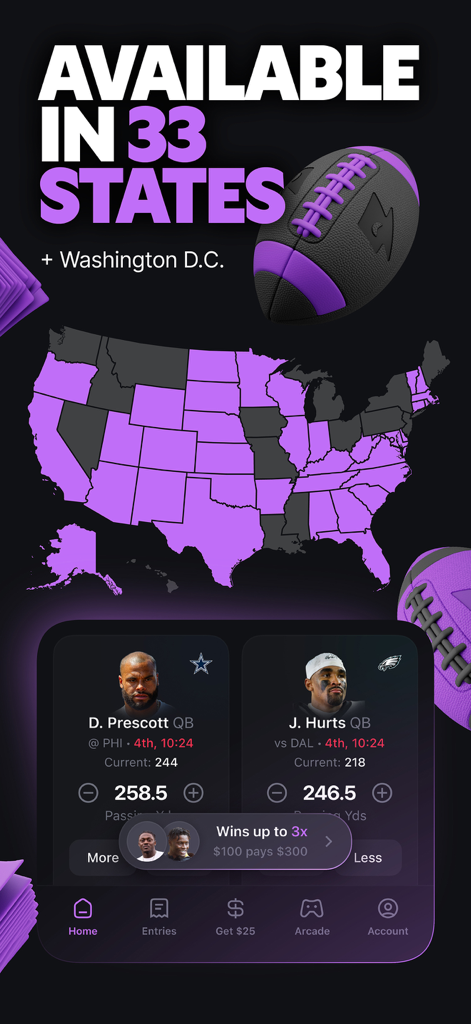 Betr Picks & Sportsbook - Betr app interface showing its availability in 33 US states and Washington DC with NFL player picks.