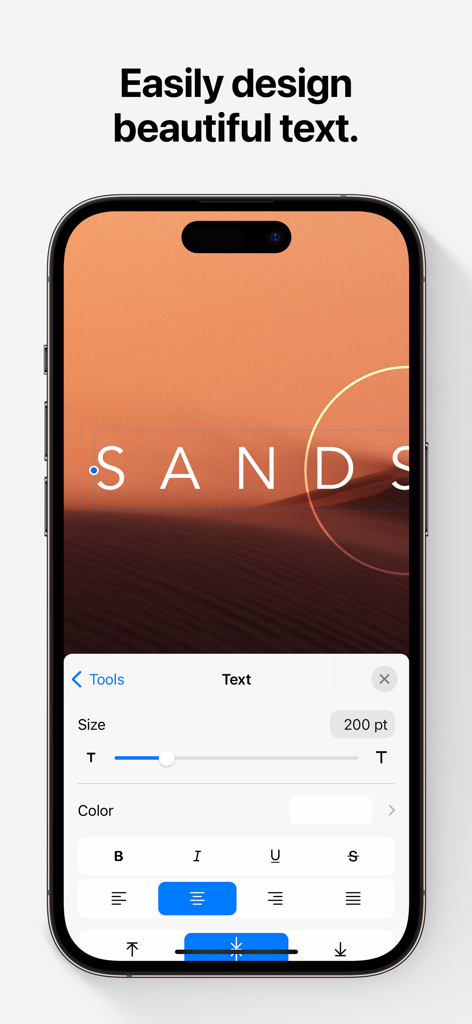 iPhone 화면에 Pixelmator 앱 텍스트 편집 인터페이스가 표시됩니다.