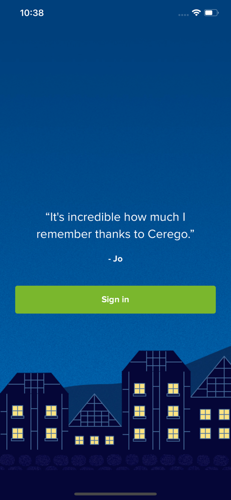 Cerego mobile app login screen featuring a user testimonial about memory retention and a green sign in button