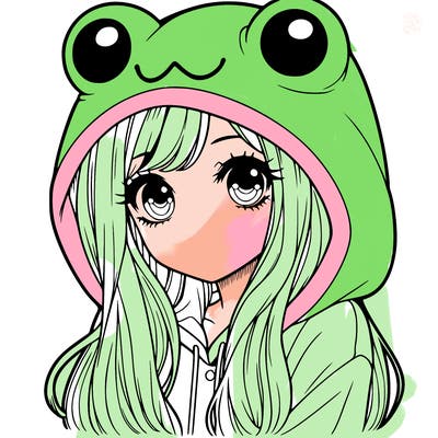 a pretty girl wearing a frog hoodie portrait with long hair