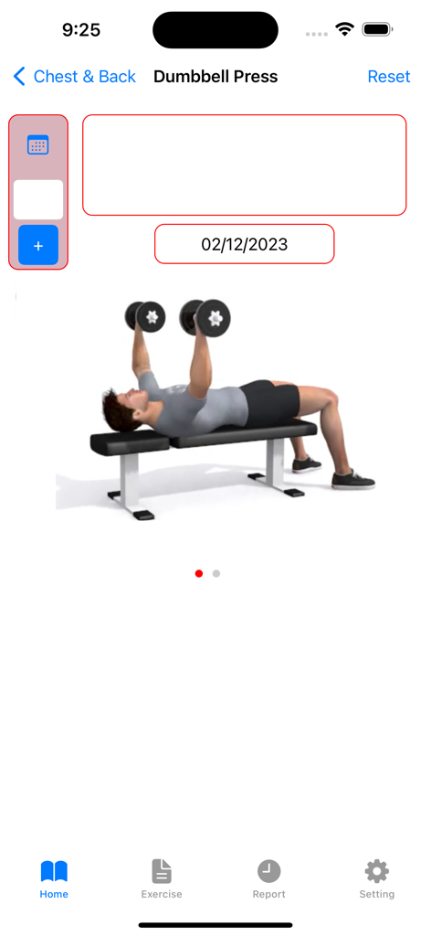 Dumbbell Home Workout Plan - Una animación 3D que muestra a un hombre realizando un press de mancuernas en un banco de pesas dentro de la interfaz de la aplicación