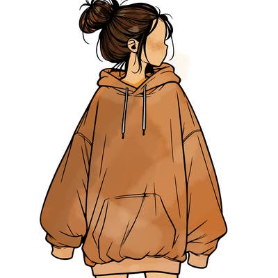 realistic girl with a oversized sweatshirt on and a bun