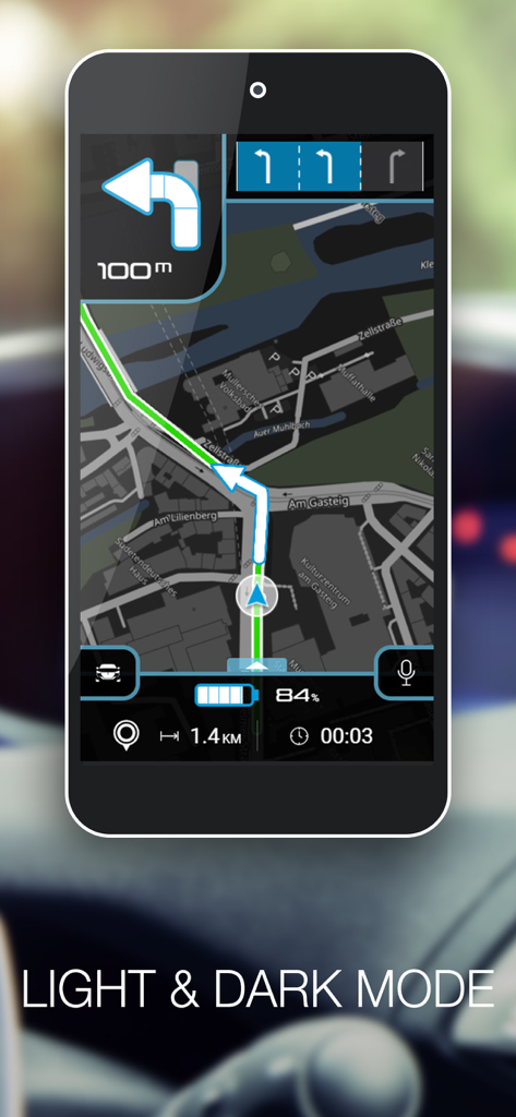 Interfaz de la aplicación Navegación para VE en modo oscuro que muestra la ruta del mapa y el porcentaje de batería