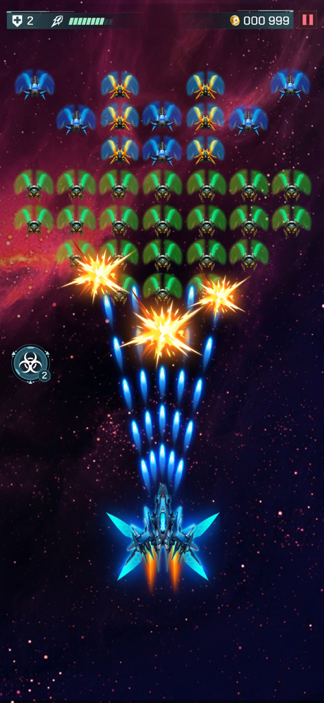 Universe Invader 2: Alien War - Blue starship firing energy beams at alien invaders in space