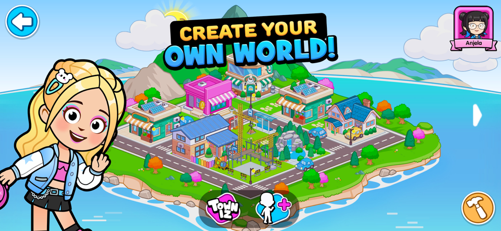 A colorful cartoon island town in the Towniz mobile game featuring a customizable girl character and various buildings