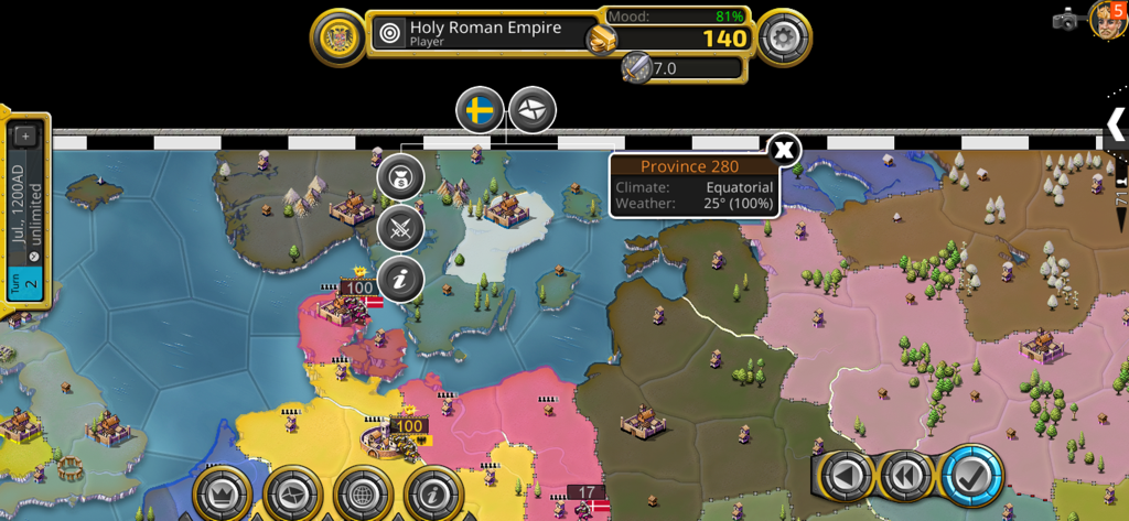 Une vue de carte stratégique du jeu Age of Conquest IV montrant le Saint-Empire romain germanique et les territoires environnants avec diverses frontières nationales.