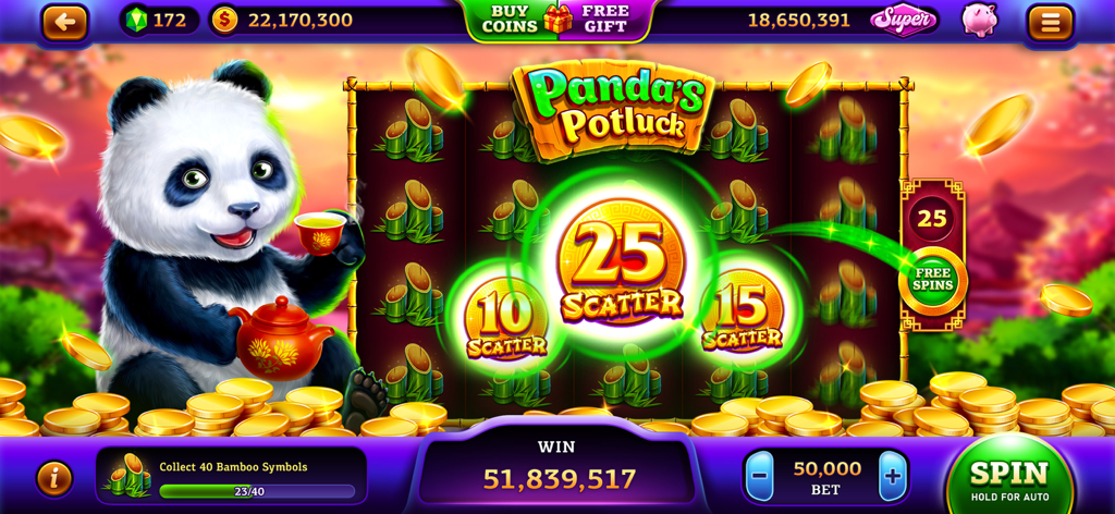 Vegas Quest Slots－Casino Games - Jugabilidad de la máquina tragamonedas Panda Potluck mostrando una gran victoria con monedas doradas y giros gratis