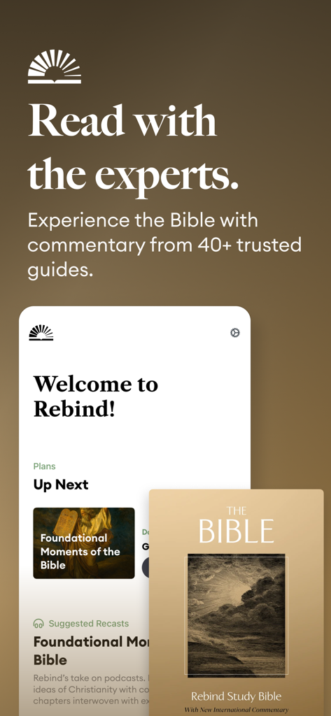 Rebind Study Bible - Rebind Study Bible app welcome screen featuring expert commentary and guided study plans.