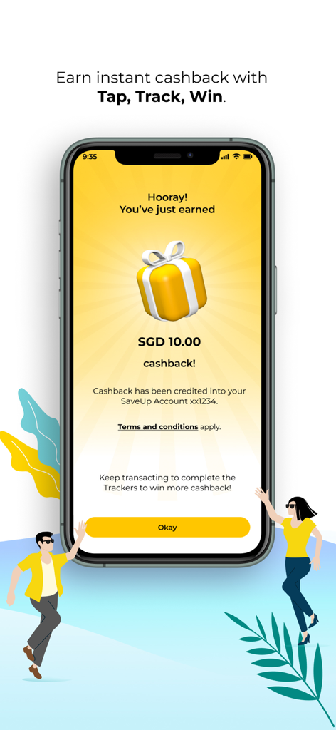 Captura de pantalla de la aplicación de banca móvil Maybank2u SG que muestra un mensaje de éxito por ganar 10 SGD de reembolso