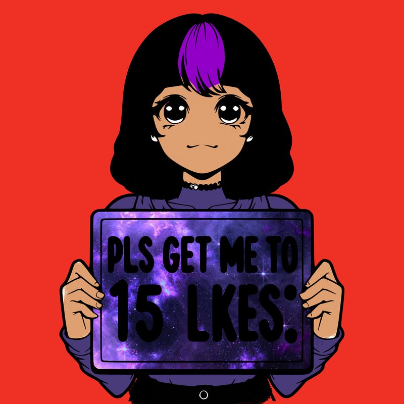 realistic girl holding up a sign that says “pls get me to 15 likes!”