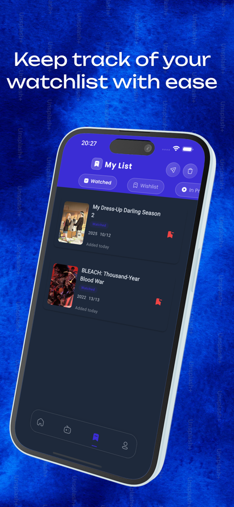 Homura Animes app interface showing a personalized anime watchlist on a mobile device