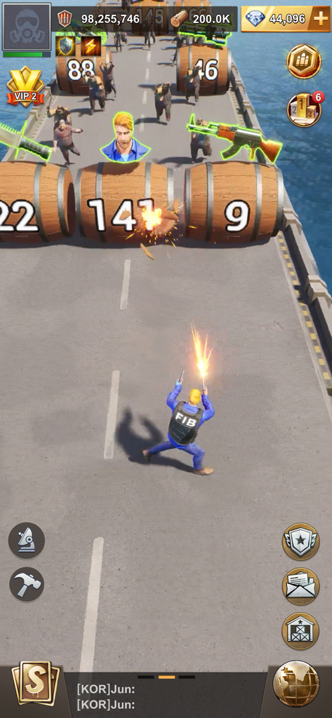 Last Z: Survival Shooter - A character in a tactical vest shooting at numbered barrels and approaching zombies on a bridge in Last Z Survival Shooter.