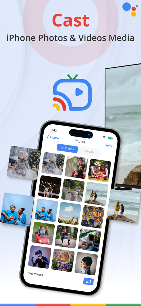 TV Cast: Mirror Home Screen - An iPhone displaying the TV Cast app interface with a photo gallery being mirrored onto a television screen.