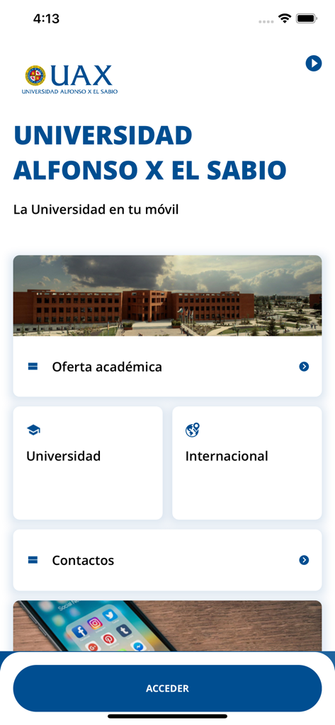 UAX - U. Alfonso X el Sabio - Pantalla de inicio de la aplicación móvil UAX que muestra secciones académicas e internacionales para estudiantes de la Universidad Alfonso X el Sabio