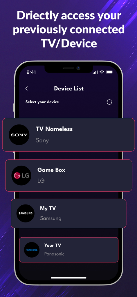 TV Remote: Smart Remote for TV - Interface of the TV Remote app showing a list of previously connected smart TV devices including Sony LG Samsung and Panasonic
