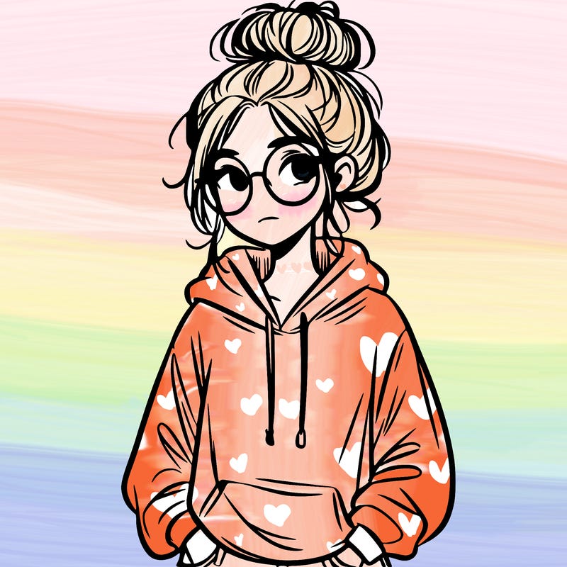 teen girl with a messy bun and glasses wearing a loose hoodie and jeans