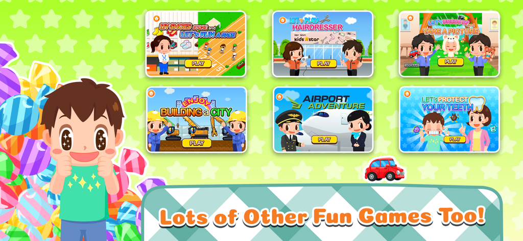 Selection screen of Gokko World app showing various pretend play and educational mini games for kids