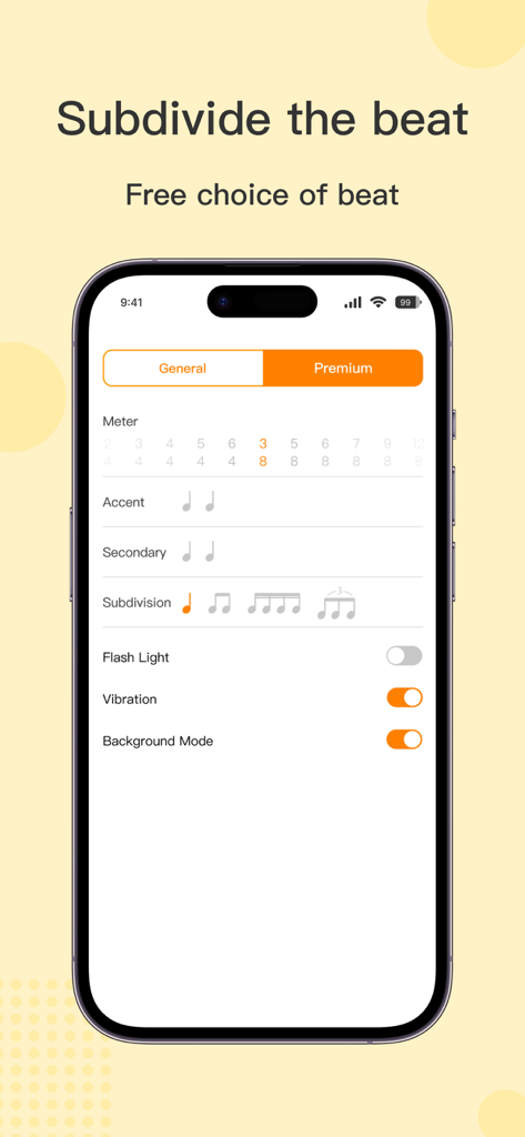 iMetronome - Tap Beat & Tempo - iMetronome app interface showing beat subdivision options and meter settings on an iPhone screen