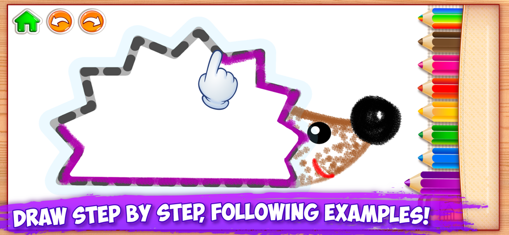 ABC Tracing Kids Drawing Games - Un niño en edad preescolar traza el contorno de un erizo en el juego de dibujo educativo ABC Tracing