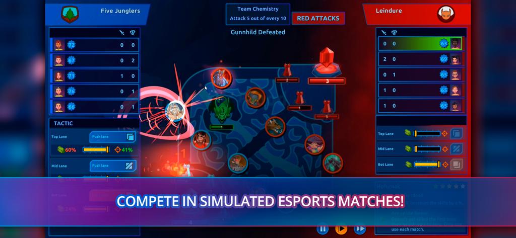 Esports Life Tycoon - Simulated MOBA match gameplay in Esports Life Tycoon showing team tactics