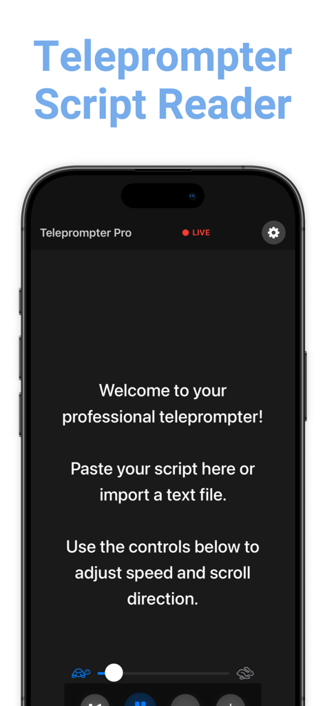 Teleprompter & Script Reader - Mobile teleprompter app interface showing script import options and recording controls.