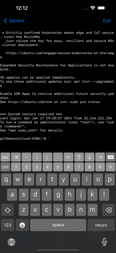 Mobile SSH client displaying an Ubuntu server terminal session with a developer keyboard