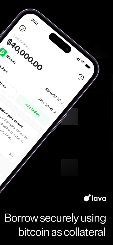 Lava: Secure Bitcoin Loans - Lavaのモバイルアプリインターフェース。総残高とビットコイン担保ローンの機能が表示されています。