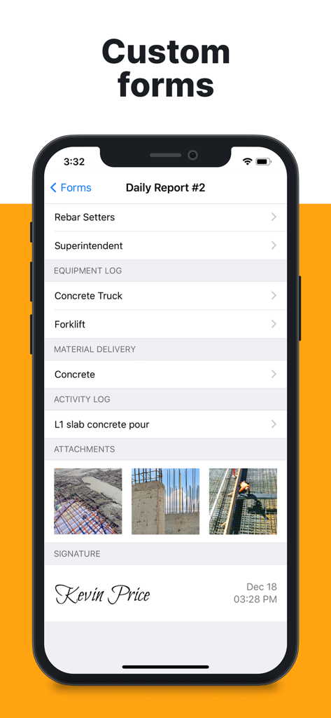 A mobile interface of the Fieldwire app showing a custom daily report with site photos and a digital signature.