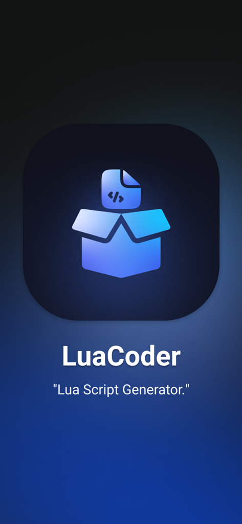 LuaCoder - Script Maker - Écran de démarrage de l'application LuaCoder avec le logo et le slogan Lua Script Generator