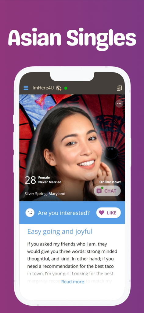 INTL - International Dating - Smartphone screen showing an Asian woman's profile on the INTL dating app.
