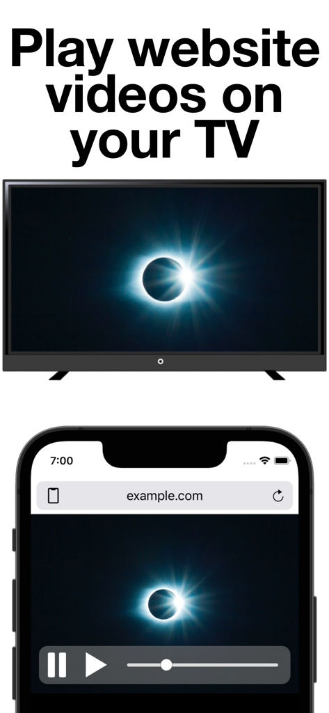 T Cast - Interface do aplicativo T Cast mostrando um vídeo de site sendo transmitido de um iPhone para uma Smart TV