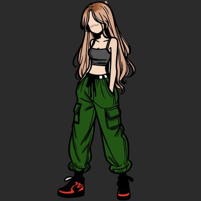 girl in baggy pants crop top and long hair