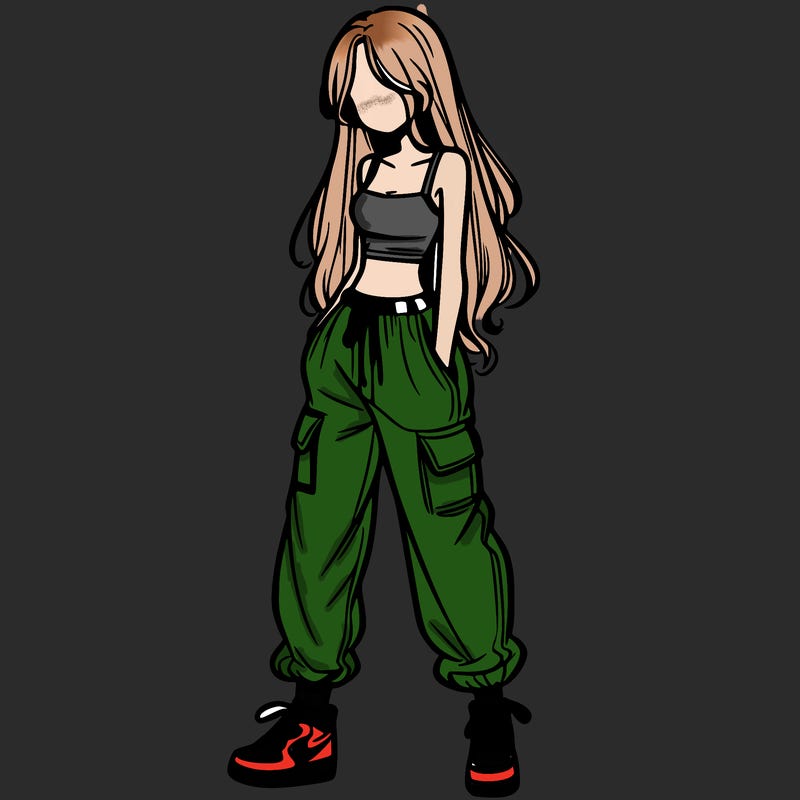 girl in baggy pants crop top and long hair