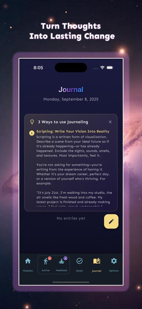 Inner.codes: Program Your Mind - La pantalla del diario de la aplicación Inner.codes muestra una guía sobre cómo escribir para manifestar objetivos y convertir pensamientos en realidad.