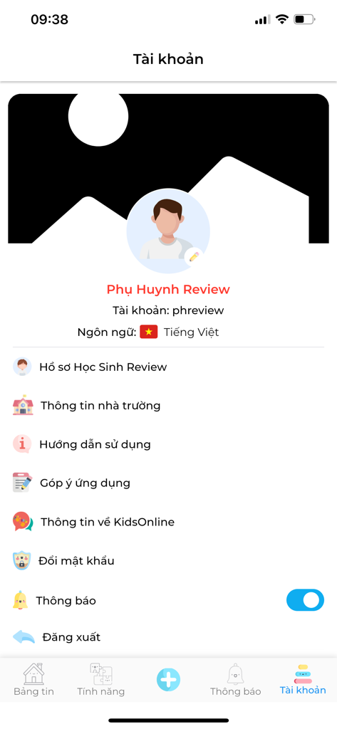 KidsOnline - User account profile screen of the KidsOnline app showing settings and information menus.