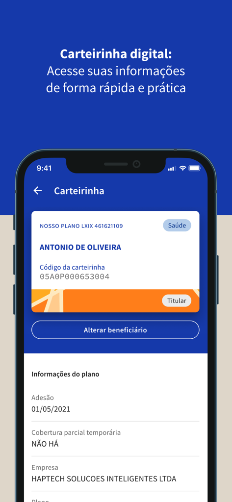 Hapvida NotreDame - Pantalla de la aplicación móvil Hapvida NotreDame que muestra un carnet de seguro de salud digital con información del beneficiario y del plan.