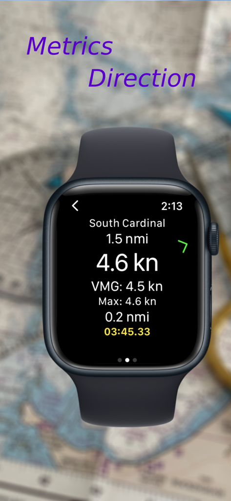 Watch Wayfinder - Schermata di Apple Watch che mostra dati di navigazione inclusi velocità, VMG e distanza dal waypoint cardinale sud