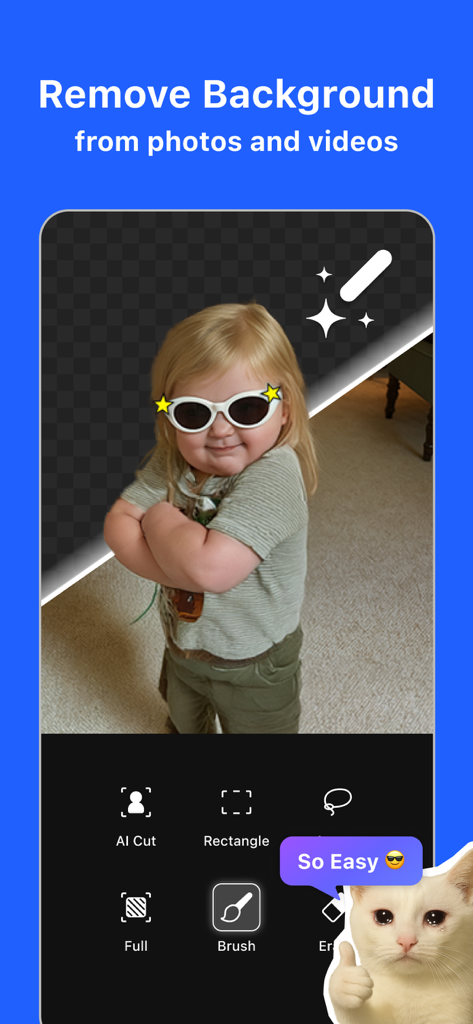 Sticker.ly 앱 인터페이스는 어린이 사진에 AI 자르기 기능이 사용되는 배경 제거 도구를 보여줍니다.