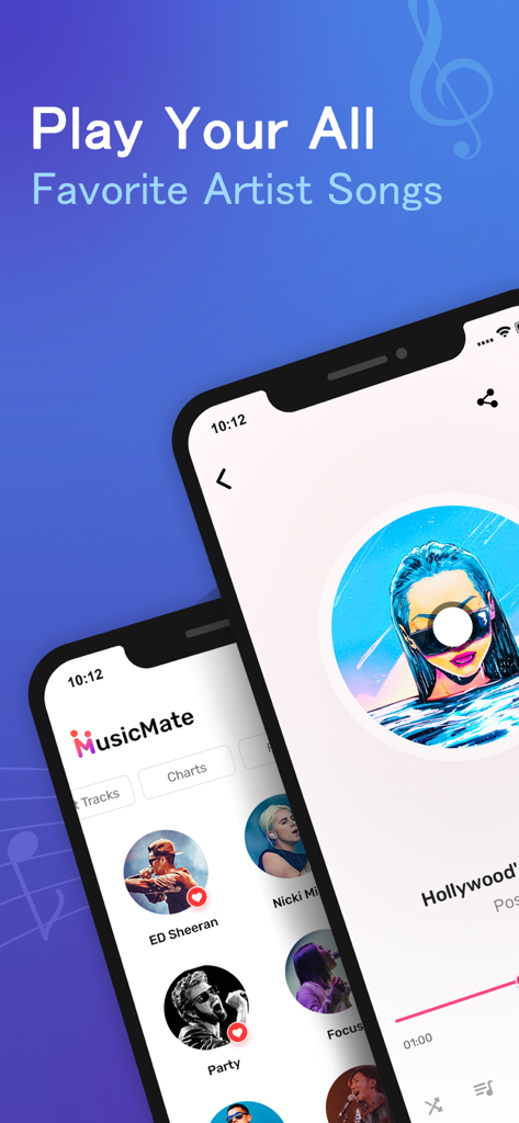 Music Mate - Top Music - Music Mate app interface showing artist list and music player screen