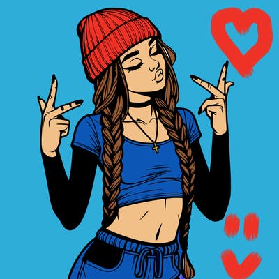realistic teenage girl with braids and a beanie and crop top doing 🫶🏼