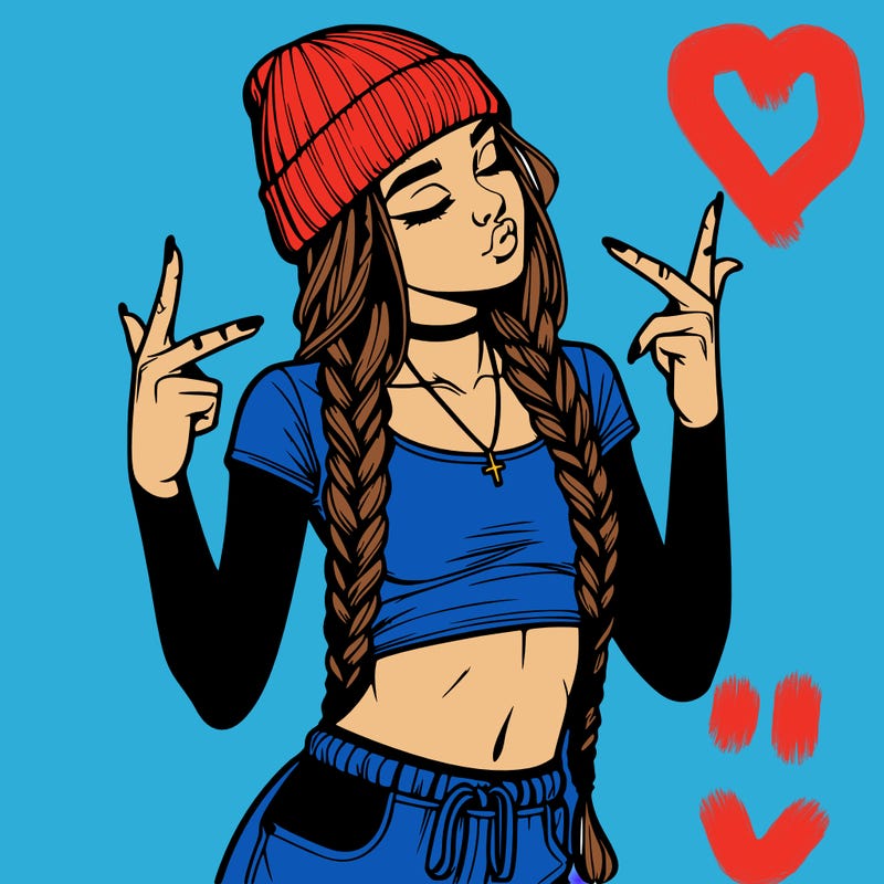 realistic teenage girl with braids and a beanie and crop top doing 🫶🏼