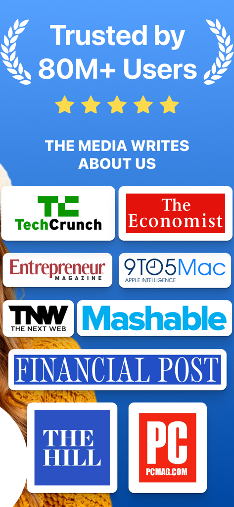 Hearing Aid app & Amplifier - Media endorsements and trust badges for the Hearing Aid app and Amplifier including logos from TechCrunch and The Economist.