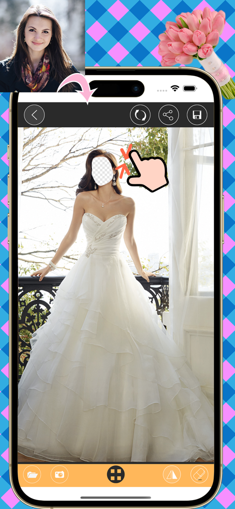 Una aplicación móvil que muestra un vestido de novia con una función de montaje de cara en el agujero para prueba virtual