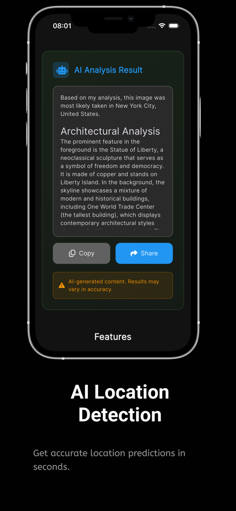 SnapGeo - AI Location Finder - SnapGeo app interface displaying AI location analysis and architectural details for a photo taken in New York City