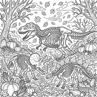 Combine the thrill of ancient dinosaurs with the cozy charm of autumn in this unique coloring page. Explore a detailed scene featuring dinosaur skeletons amidst falling leaves, pumpkins, and harvest delights.