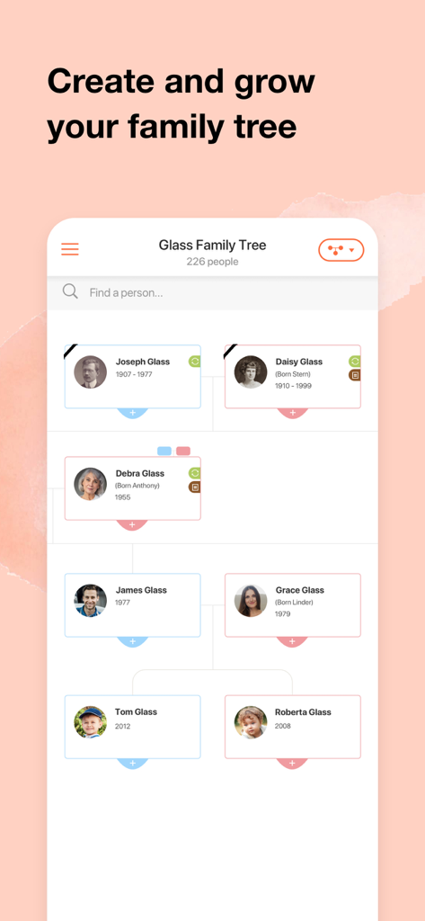 A digital family tree on the MyHeritage mobile app showing multiple generations of the Glass family with photos.