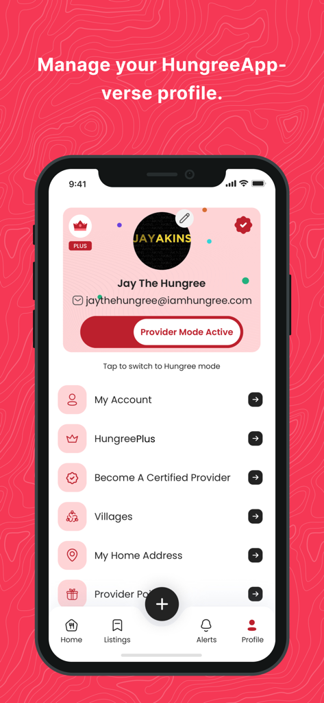 The HungreeApp - Die Profilseite von The HungreeApp zeigt Benutzerkontodetails und die Aktivierung des Anbieter-Modus