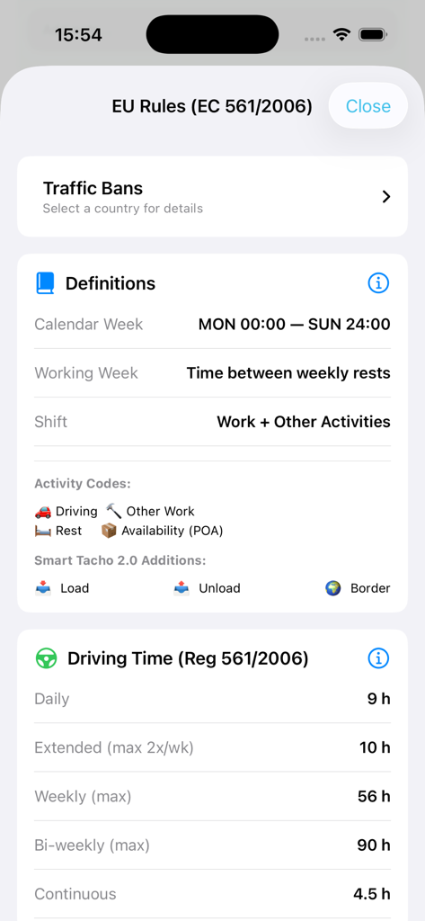 iDrive Truck - Interface of the iDrive Truck app displaying European Union driving time regulations and activity definitions