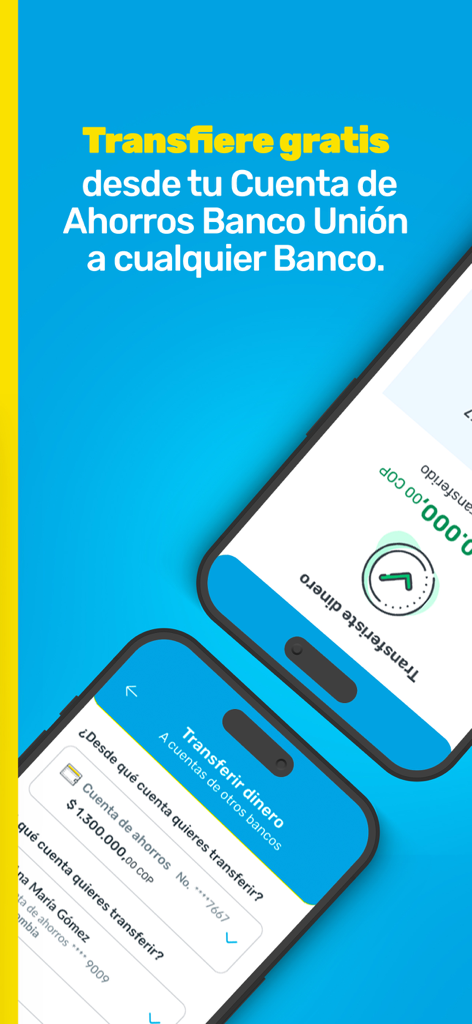 Interfaccia dell'app Banco Unión Colombia che mostra come trasferire denaro gratuitamente da un conto di risparmio ad altre banche